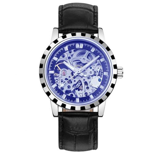 Nary Hommes Mouvement Mécanique Affichage Analogique Cadran Rond Pu Strap Montre (Bleu + Noir)