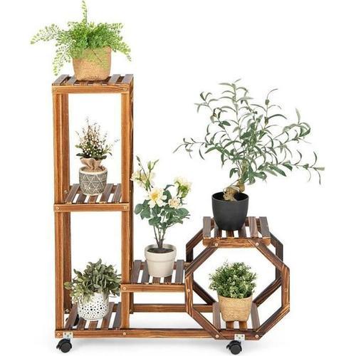 Costway Étagère À Plantes/Fleurs En Bois De Pin À Roulettes, Support Plantes À 6 Niveaux, 87,5 X 29 X 102,5 Cm, Intérieur/Extérieur