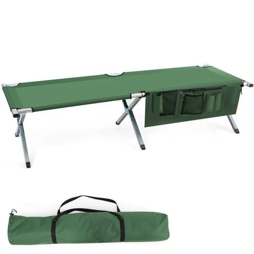 Costway Lit De Camp Pliant 190x73x42cm Avec Poches Latérales Et Sac De Transport En Tissu Oxford Charge Max 130kg Pour Voyage Vert