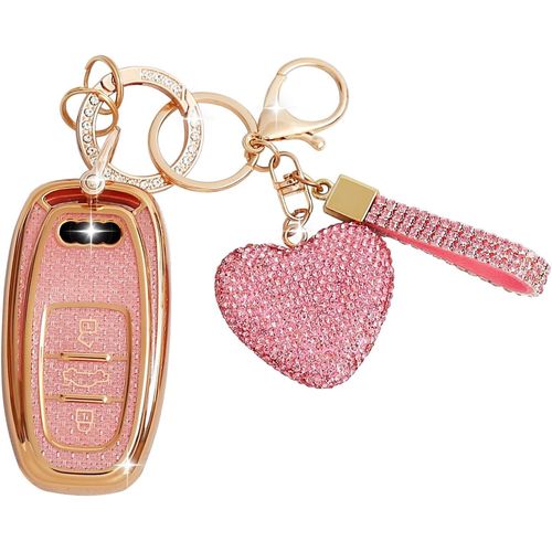 Coque De Clé De Voiture Avec Porte-Clés Strass En Forme De C?Ur ¿ Compatible Avec Audi A1/A2/A3/A4/A5/A6/A7/A8/A4l/A6l/A8l/Q5/Q7/Q8/R8/Rs4/Rs/S4/S5/S6/Sq5/Tt,Smart Key,3 Boutons (Rose)