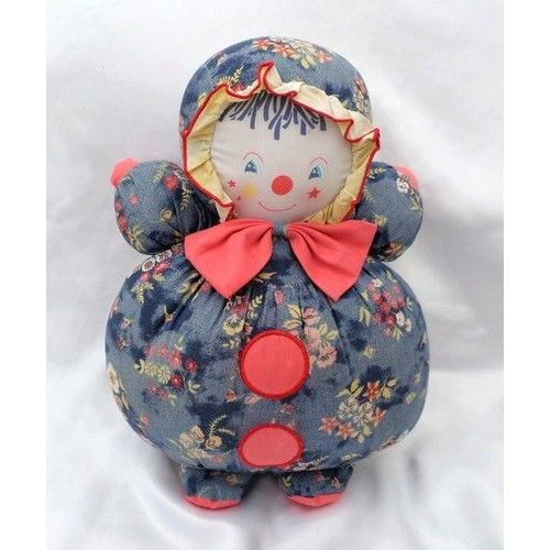 Peluche Poupée Doudou Clown Chiffon Boule Christine Et Cécile Bleu Fleurs Noeud Rouge Vintage Mundia