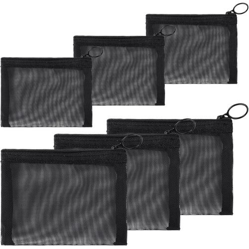 Lot de 6 Pochettes de Toilette Voyage en Maille Transparente avec Fermeture éclair Petit Sac à Main ImperméAble en Nylon pour la Douche Le Maquillage Papeterie Noir Organiseur Sac