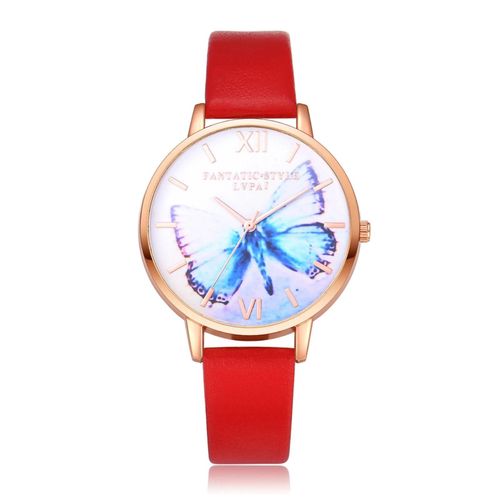 Lvpai Femmes Dame Fresh Bracelet Montre Papillon Motif Pu Quartz Casual Montre-Bracelet (Rouge)