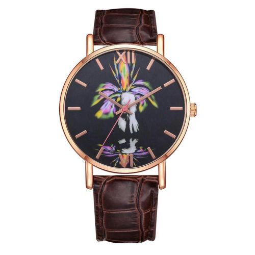 Mode Femmes Coloré Plume Motif Affichage Analogique Quartz Mpvement Montre-Bracelet (Marron)