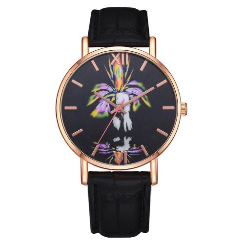 Mode Femmes Coloré Plume Motif Affichage Analogique Quartz Mpvement Montre-Bracelet (Noir)