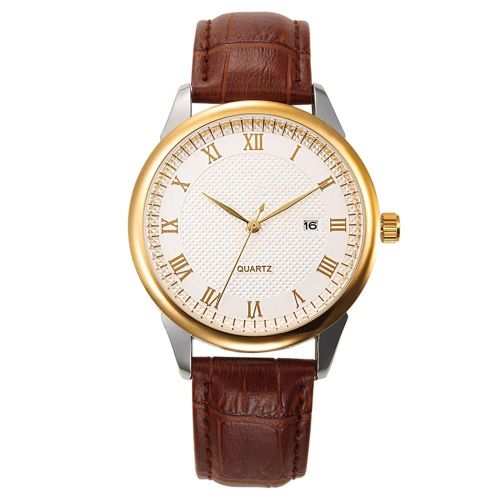 Mâle Analogique Rond Quartz Bracelet En Cuir Date Montre D'affaires Montre-Bracelet (Cadran Blanc,Boîtier En Or)