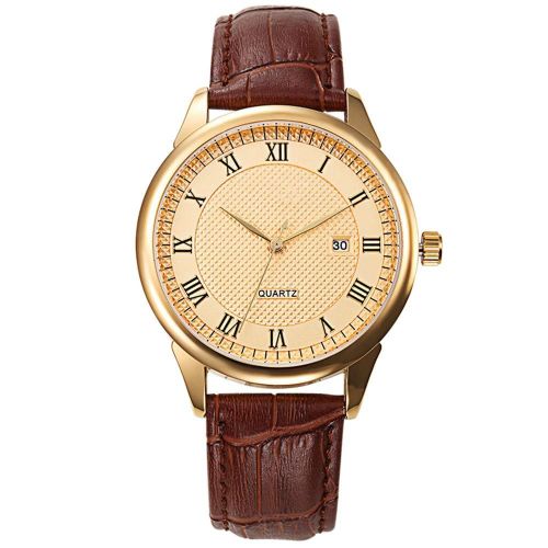 Mâle Analogique Rond Quartz Bracelet En Cuir Date Montre D'affaires Montre-Bracelet (Boîtier De Cadran En Or)