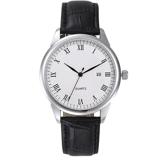 Mâle Analogique Rond Quartz Bracelet En Cuir Date Montre D'affaires Montre-Bracelet (Cadran Blanc Boîtier Argenté)