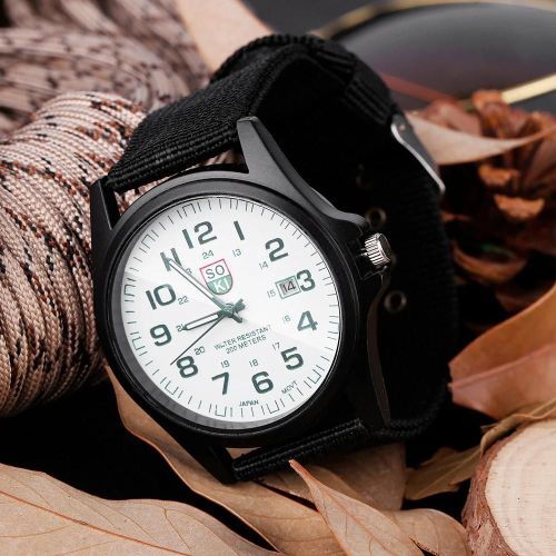 Montre-Bracelet Analogique À Quartz Bracelet Rond En Nylon Date Montre-Bracelet Militaire (Bracelet Noir,Cadran Blanc)