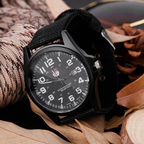 Montre-Bracelet Analogique À Quartz Ronde Nylon Band Date Montre-Bracelet Militaire (Cadran À Bande Noire)
