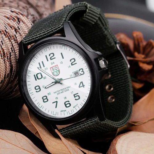 Montre-Bracelet Analogique À Quartz Ronde En Nylon Bracelet Date Montre-Bracelet Militaire (Bracelet Vert De L'armée,Cadran Blanc)