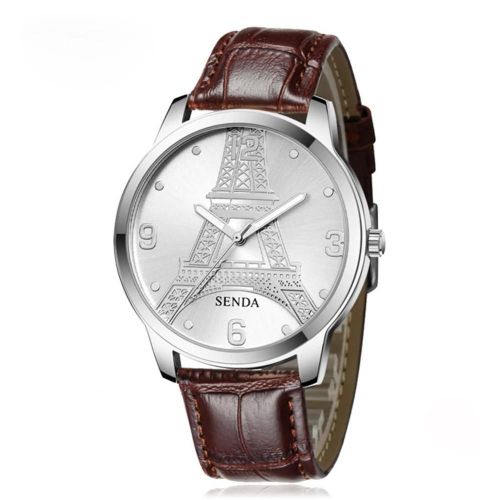 Sendas Tour Eiffel Casual Couple Montre À Quartz (Boîtier Argenté Cadran Blanc Ceinture Marron Pour Hommes)
