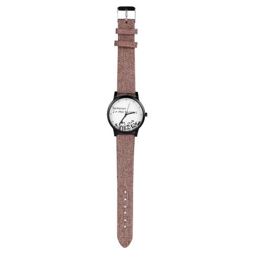 Montre-Bracelet Analogique À Quartz Tissu Rond Bande Pu Mots Chiffres Montre-Bracelet (Brun Clair)