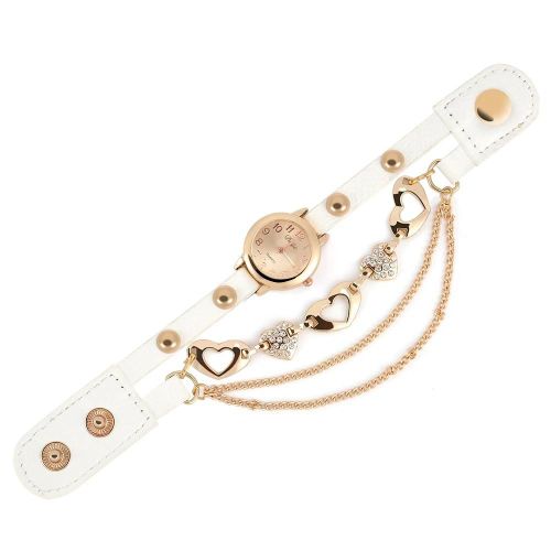 Femmes Quartz Pu Alliage Coeur Strass Cadran Rond Bracelet Montre Chaîne (Blanc)