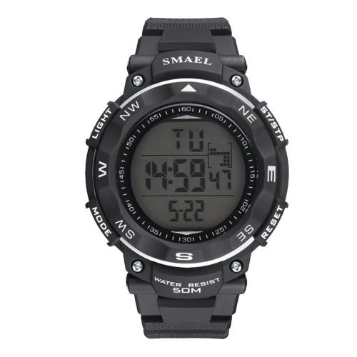 Smael Montre Numérique Étanche Pu Sangle Arrière Lumière Ronde Montre-Bracelet Électronique Noir Blanc