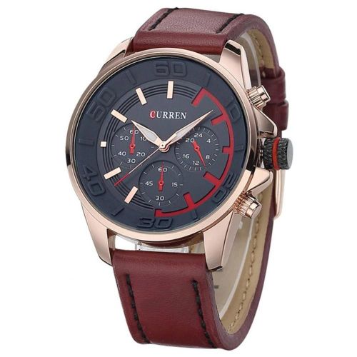 Curren Hommes Mode Étanche Quartz Montre Réglable Pu Montre-Bracelet (Rose Rouge & Noir)