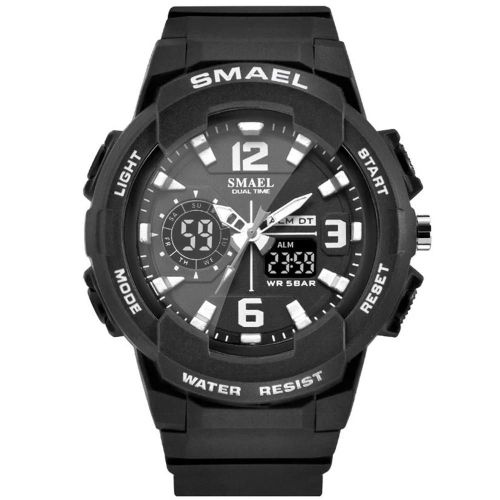 Smael Étanche Numérique Analogique Double Affichage Montre Électronique Quartz Montre-Bracelet Noir Argent