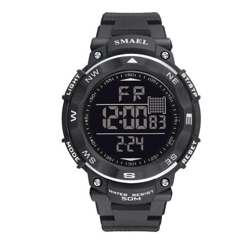 Smael Montre Numérique Étanche Pu Bracelet Rétro Léger Rond Montre-Bracelet Électronique Noir Gris