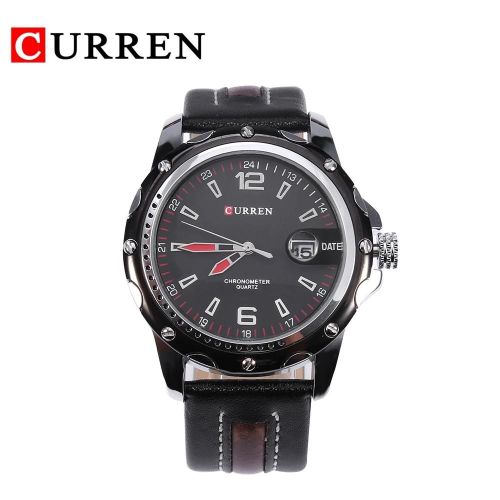 Curren Hommes Mâle Analogique Quartz Montre Pu Bande Alliage Boîtier Montre-Bracelet (Boîtier Noir + Cadran Noir)