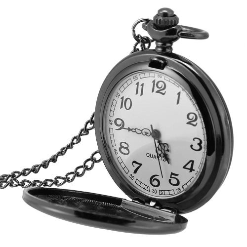 Quartz Classique Analogique Lisse Montre De Poche Collier Pendentif Avec Chaîne Noir