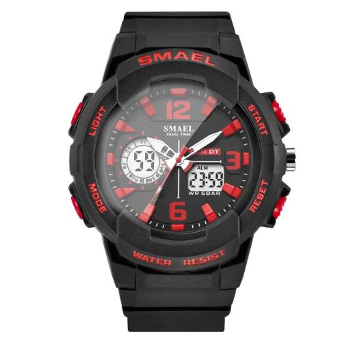 Smael Étanche Numérique Analogique À Double Affichage Montre Électronique Quartz Montre-Bracelet Noir Rouge