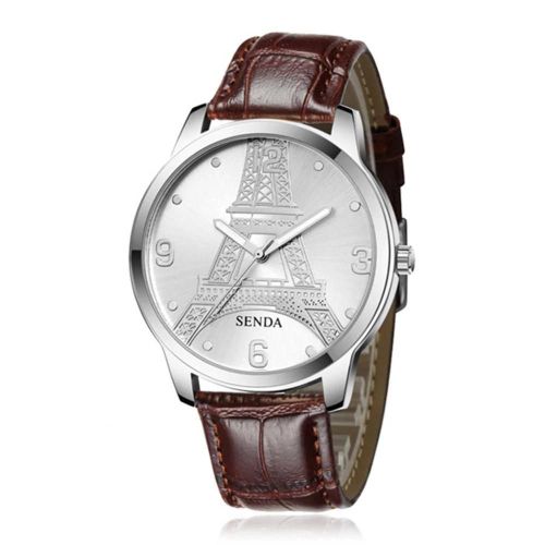 Sendas Tour Eiffel Casual Couple Montre À Quartz (Boîtier Argenté Cadran Blanc Ceinture Marron Pour Femmes)