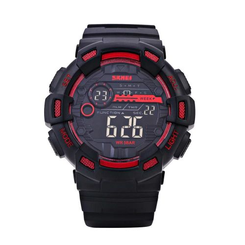 Montre-Bracelet Électronique Numérique À Rétroéclairage Led Montre-Bracelet De Sport Étanche Ronde (Rouge)