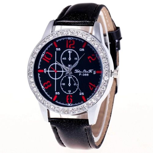Zhoulianfa Chronographe Quartz Strass Décoration Cristal Bracelet Cuir Montre (Noir)