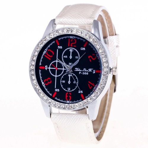 Zhoulianfa Chronographe Quartz Strass Décoration Cristal Bracelet Cuir Montre (Blanc)