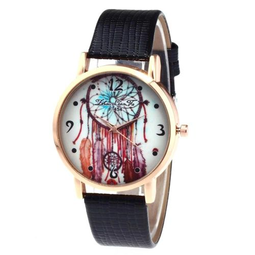 Zhoulianfa Plume Motif Cadran Pu Cuir Style Décontracté Montre Couple (Noir)