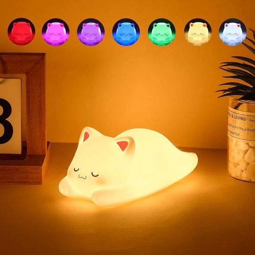 Gothicana By Empveilleuse Enfant,7 Couleurs Veilleuse Chat,Veilleuse Bébé Lampe De Chevet Minuterie 1/3 Heure,Kawaii Veilleuse Déco Chambre ¿Cadeaux Et Surprises Pour Garçons Et Filles