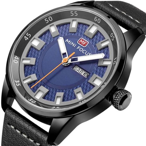 Mini Focus Hommes Mode Analogique Bracelet En Cuir Étanche Montre Quartz Montre-Bracelet (Bleu + Noir)