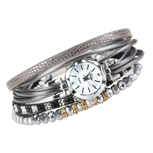 Duoya Femmes Strass Perles Bracelet Montre-Bracelet Chaîne Robe Montre À Quartz (Argent)