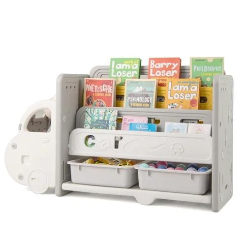 Costway Bibliothèque Rangement Pour Jouets Enfants - 4 Niveaux Avec 2 Boîtes - Forme Voiture - 108x35x63,5 Cm - Pour Salle De Jeux