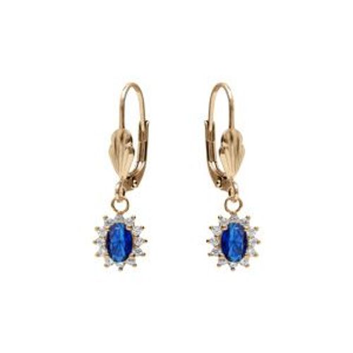 Boucles D'oreilles Dormeuse Plaqué Or Oxyde Central Bleu Foncé Entourage Oxydes Blancs 7.5mm X 9.5mm