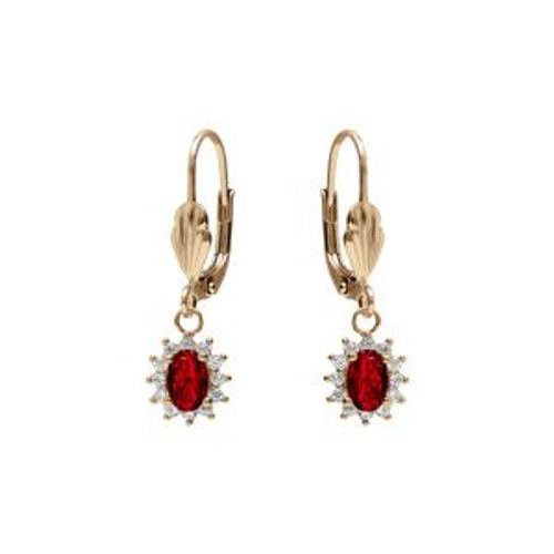 Boucles D'oreilles Dormeuse Plaqué Or Oxyde Central Rouge Foncé Entourage Oxydes Blancs 7.5mm X 9.5mm