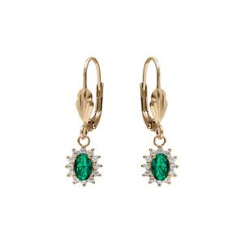 Boucles D'oreilles Dormeuse Plaqué Or Oxyde Central Vert Entourage Oxydes Blancs 7.5mm X 9.5mm