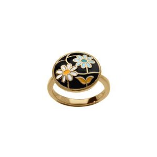 Bague Acier Doré Stella Mia Ronde Résine Noire Fleur