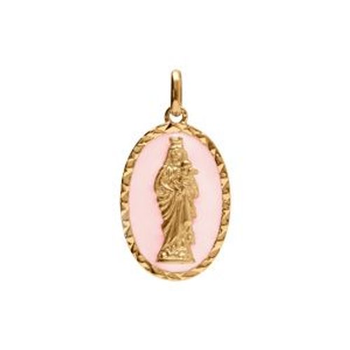 Pendentif Plaqué Or Ovale Vierge Et L'enfant 20mmx13mm Fond Rose
