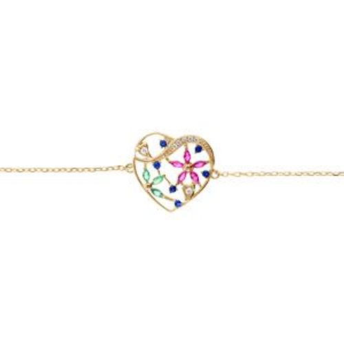 Bracelet Plaqué Or Coeur Avec Fleurs Oxydes Multi Couleurs 16+3cm