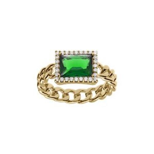 Bague Plaqué Or Mailles Entrelacées Oxyde Vert Carré Et Contour Oxydes Blancs