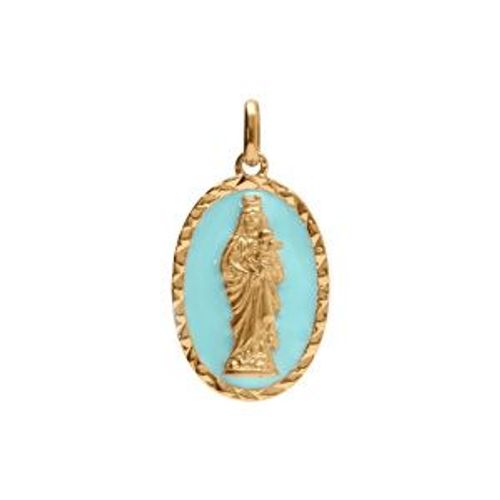 Pendentif Plaqué Or Ovale Vierge Et L'enfant 20mmx13mm Fond Bleu Ciel