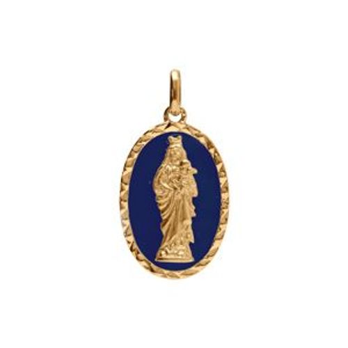 Pendentif Plaqué Or Ovale Vierge Et L'enfant 20mmx13mm Fond Bleu Foncé