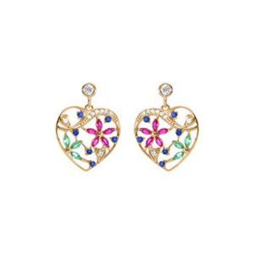 Boucles D'oreilles Tige Plaqué Or Coeur Avec Fleurs Oxydes Multi Couleurs