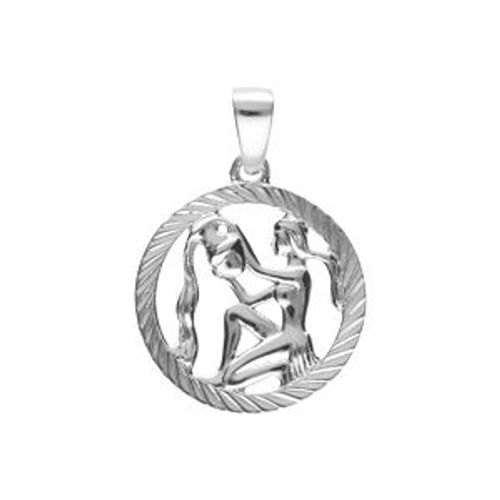 Pendentif Argent Rhodié Médaille 15mm Striee Zodiaque Verseau Decoupé