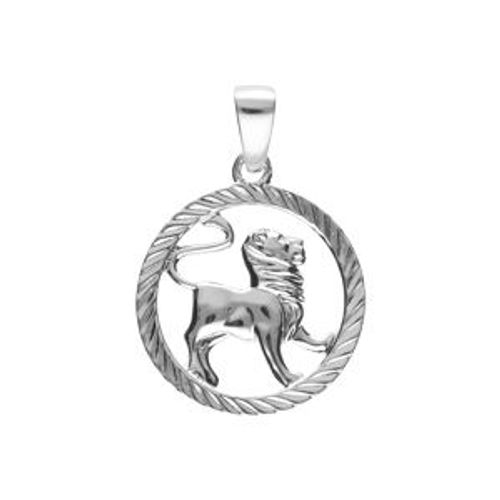 Pendentif Argent Rhodié Médaille 15mm Striee Zodiaque Lion Decoupé
