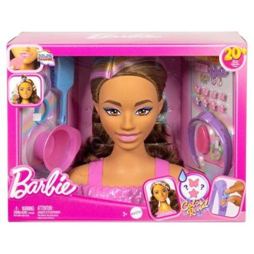 Coffret Barbie Color Reveal - Tete a coiffer Chevelure brune avec meches + 20 Accessoires de coiffure - Set Poupee + Carte tigre