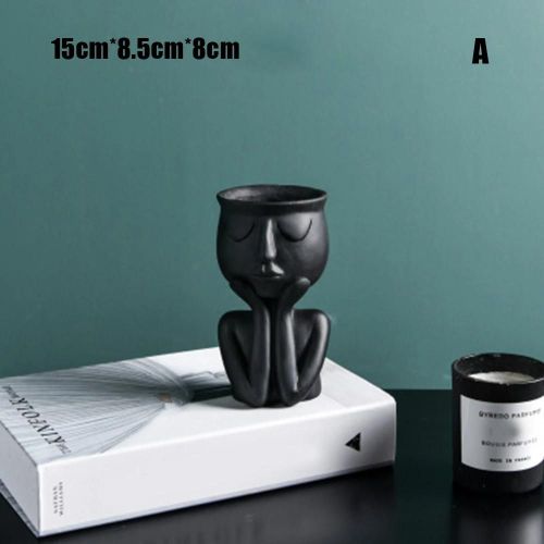 Personnage Portrait Pot de fleur Résine Succulentes Pot de plante Abstrait Visage Pot de fleur Maison Bureau Paysage Décor Noir,A