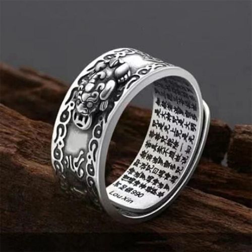Feng Shui Pixiu Breloques Bague Amulette Richesse Chanceux Sculpture Écriture Ouvrir Anneaux Ajustables Bijoux Bouddhistes Pour Femmes Hommes Mantra À Six Caractères Chanceux Paixiu Prime Argent