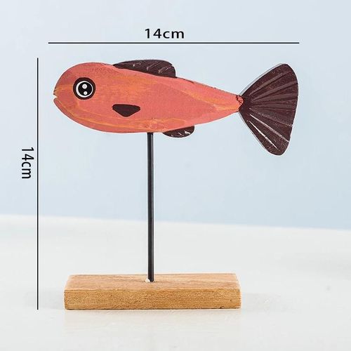 Statue de poisson en bois Ornement de poisson de dessin animé mignon coloré avec base en métal Étagère de maison faite à la main Décor pour armoire rouge